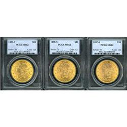 Lot of Three $20 Liberty Heads PCGS MS62