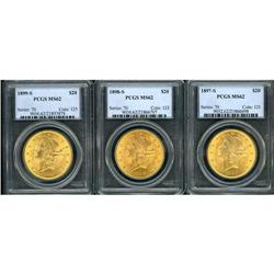 Lot of Three $20 Liberty Heads PCGS MS62