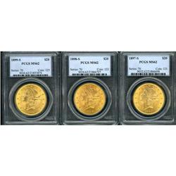 Lot of Three $20 Liberty Heads PCGS MS62