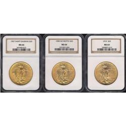 Lot of Three $20 St. Gaudens NGC MS64