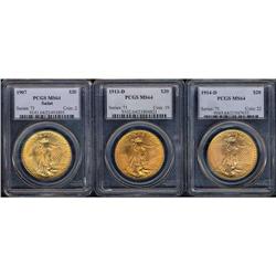 Lot of Three $20 St. Gaudens PCGS MS64