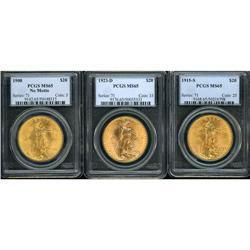 Lot of Three $20 St. Gaudens PCGS MS65