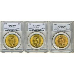 Lot of Three 1908 $20 St. Gaudens PCGS MS65