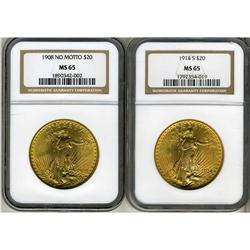 Lot of Two $20 St. Gaudens NGC MS65