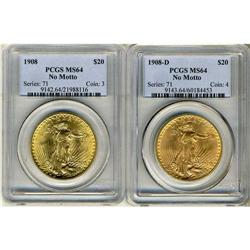 Lot of Two $20 St. Gaudens PCGS MS64