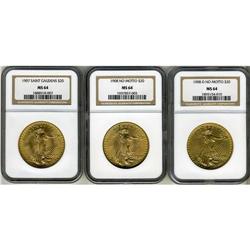 Lot of Three $20 St. Gaudens NGC MS64