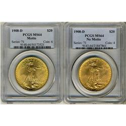 Lot of Two 1908-D $20 St. Gaudens PCGS MS64