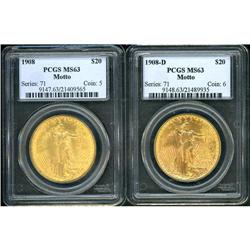 Lot of Two $20 St. Gaudens PCGS MS63