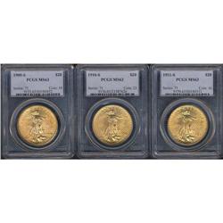 Lot of Three $20 St. Gaudens PCGS MS63