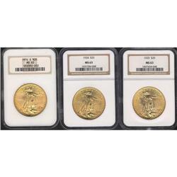 Lot of Three $20 St. Gaudens NGC MS63
