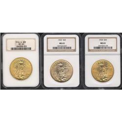 Lot of Three $20 St. Gaudens NGC MS63