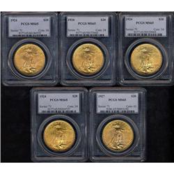 Lot of Five $20 St. Gaudens PCGS MS65