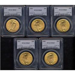 Lot of Five $20 St. Gaudens PCGS MS65