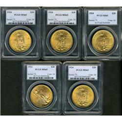 Lot of Five $20 St. Gaudens PCGS MS65