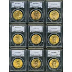 Lot of Ten $20 St. Gaudens PCGS MS65