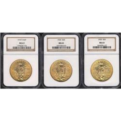 Lot of Three $20 St. Gaudens NGC MS63