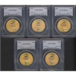 Lot of Five 1927 $20 St. Gaudens PCGS MS65