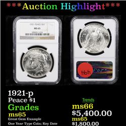 ***Auction Highlight*** NGC 1921-p Peace Dollar $1 Graded ms65 By NGC (fc)