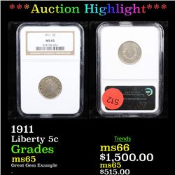 ***Auction Highlight*** NGC 1911 Liberty Nickel 5c Graded ms65 By NGC (fc)
