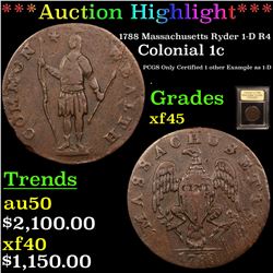 ***Auction Highlight*** 1788 Massachusetts Ryder 1-D R4 Colonial Cent 1c Graded xf+ By USCG (fc)