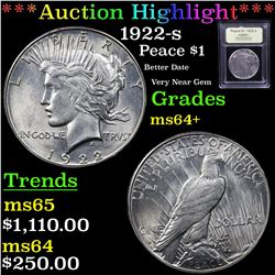 ***Auction Highlight*** 1922-s Peace Dollar $1 Graded Choice+ Unc By USCG (fc)