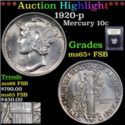 ***Auction Highlight*** 1920-p Mercury Dime 10c Graded GEM+ FSB By USCG (fc)