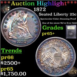 Proof ***Auction Highlight*** 1872 Seated Liberty Quarter 25c Graded GEM+ Proof By USCG (fc)