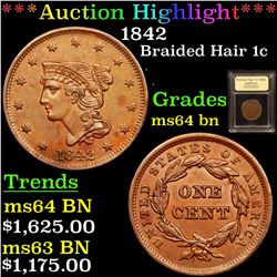 ***Auction Highlight*** 1842 Braided Hair Large Cent 1c Graded Choice Unc BN By USCG (fc)