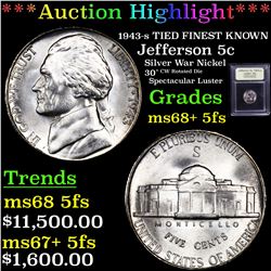 ***Auction Highlight*** 1943-s TIED FINEST KNOWN Jefferson Nickel 5c Graded GEM++ 5fs BY USCG (fc)