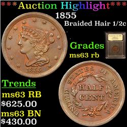 ***Auction Highlight*** 1855 Braided Hair Half Cent 1/2c Graded Select Unc RB By USCG (fc)