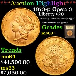 ***Auction Highlight*** 1873-p Open 3 Gold Liberty Double Eagle $20 Graded Select+ Unc BY USCG (fc)