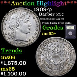***Auction Highlight*** 1909-p Barber Quarter 25c Graded GEM+ Unc BY USCG (fc)