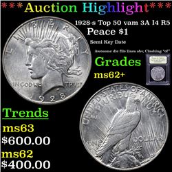 ***Auction Highlight*** 1928-s Top 50 vam 3A I4 R5  Peace Dollar $1 Graded Select Unc By USCG (fc)