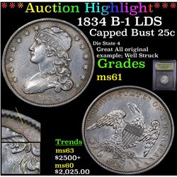 ***Auction Highlight*** 1834 B-1 LDS Capped Bust Quarter 25c Graded BU+ By USCG (fc)