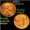 Image 1 : 1942-s Lincoln Cent 1c Grades GEM+ Unc RD