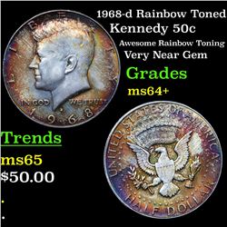 1968-d Rainbow Toned Kennedy Half Dollar 50c Grades Choice+ Unc