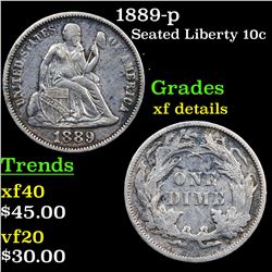 1889-p Seated Liberty Dime 10c Grades xf details