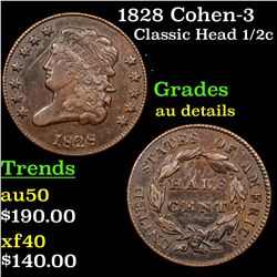 1828 Cohen-3 Classic Head half cent 1/2c Grades AU Details