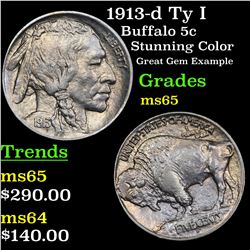 1913-d Ty I Buffalo Nickel 5c Grades GEM Unc