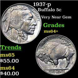 1937-p Buffalo Nickel 5c Grades Choice+ Unc