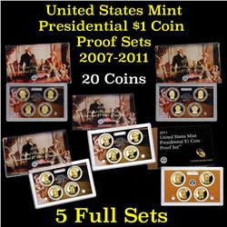 Group of 5 United States Presidential $1 Proof Sets 2007-2011 20 coins Grades