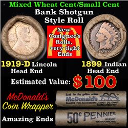 Mixed small cents 1c orig shotgun roll, 1919-d Wheat Cent, 1899 Indian Cent other end, McDonalds Wra