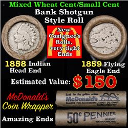 Mixed small cents 1c orig shotgun roll, 1858 Flying Eagle Cent, 1859 Indian Cent other end, McDonald