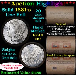 ***Auction Highlight*** Full solid date 1881-s Uncirculated Morgan silver dollar roll, 20 coins Grad