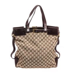 Gucci Brown GG Canvas Leather Buckle Tote Bag
