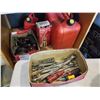 Image 1 : LOT OF WRENCHES, PROPANE TORCH, TIMING LIGHT, VACUUM GAUGE, AND TESTER AND 2 JERRY CANS