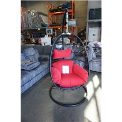 BRAND NEW OUTDOOR MODERN FOLDABLE HANGING CHAIR W/ RED CUSHIONS - RETAIL $949 AND RATED FOR 300LBS