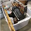 Image 1 : LARGE TOTE OF WOOD FIGURES, CANES, CAMERAS, ESTATE GOODS