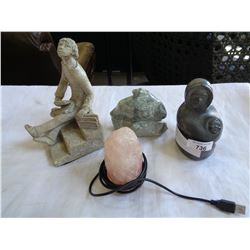 2 SOAP STONE FIGURES, STON BOOK END, AND SALT ROCK