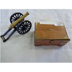 VINTAGE BRASS AND CAST CANNON, AND BRASS BOUND BOX